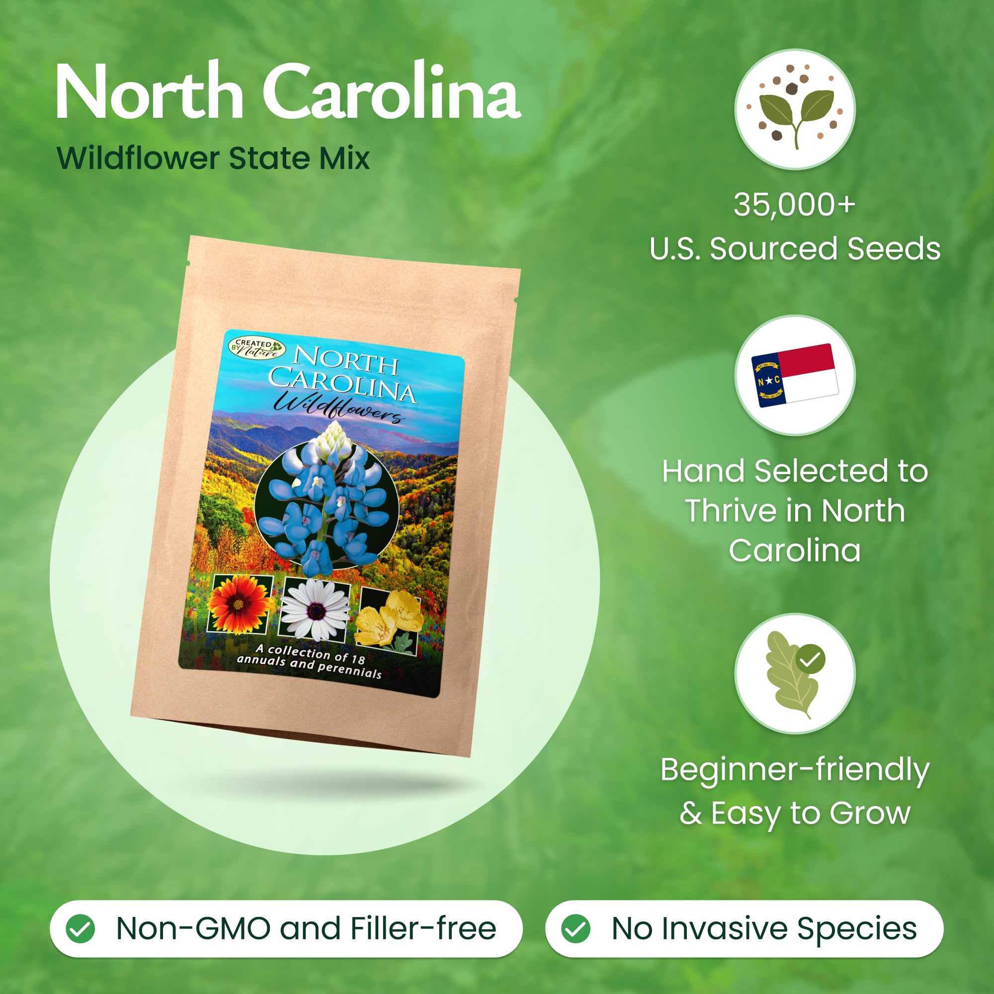 Created By Nature North Carolina Wildflower Seed Mix, 18 Flower Varieties, 35,000 Seeds