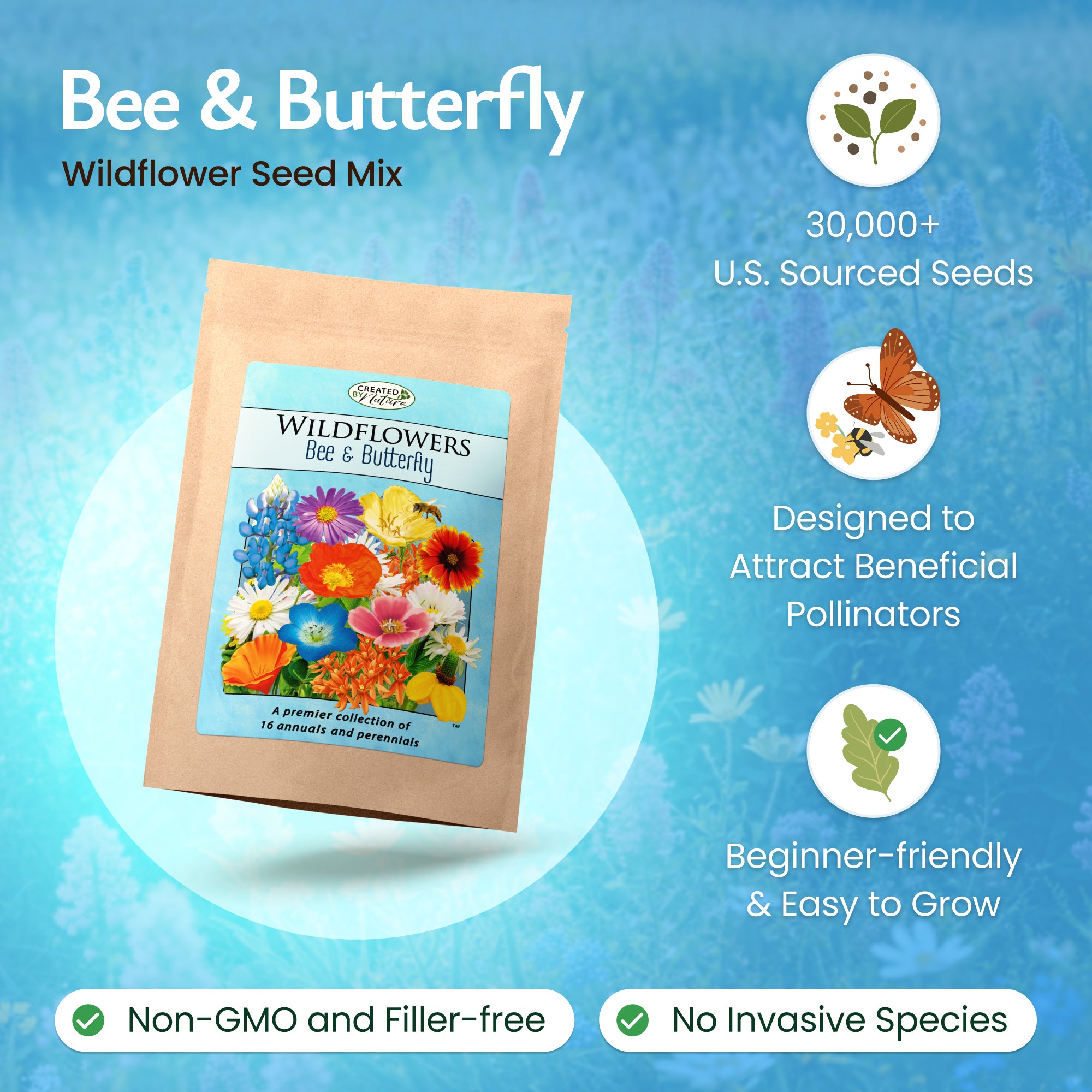Bee and Butterfly Wildflower Seed Mix – Over 29,000 Premium Seeds