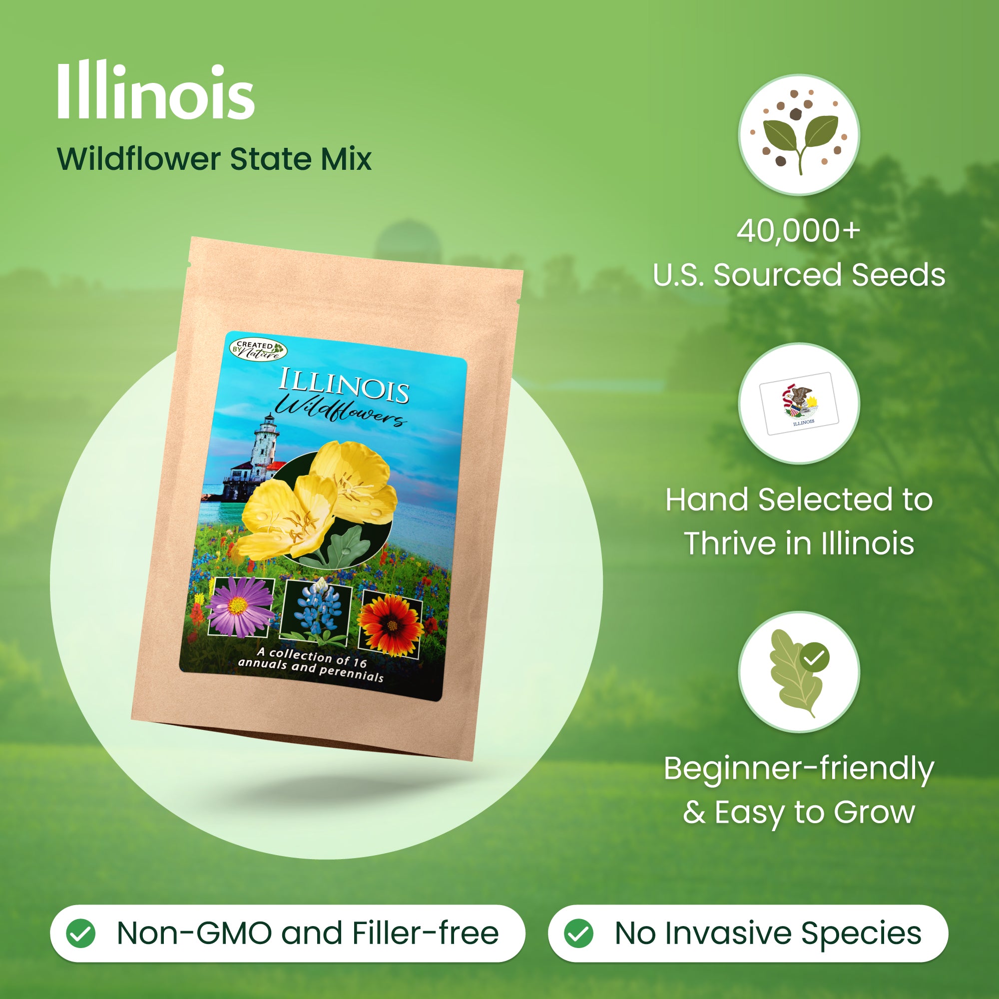 Created By Nature Illinois Wildflower Seed Mix, 16 Flower Varieties, 40,000 Wildflower Seeds