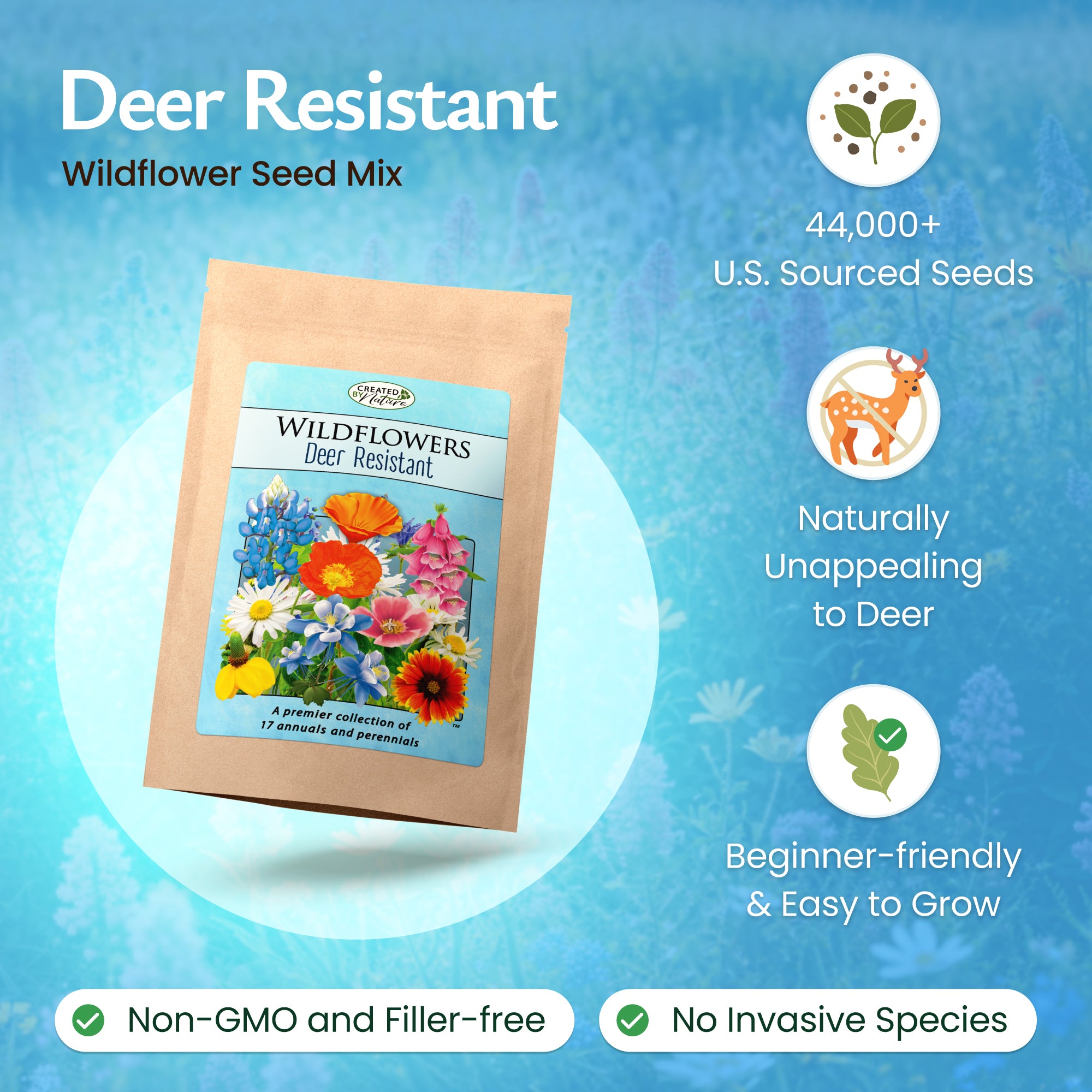 deer resistant wildflower seeds bulk Created By Nature Deer-resistant Wildflower Seed Mix, 17 Flower Varieties, 44,000 Seeds