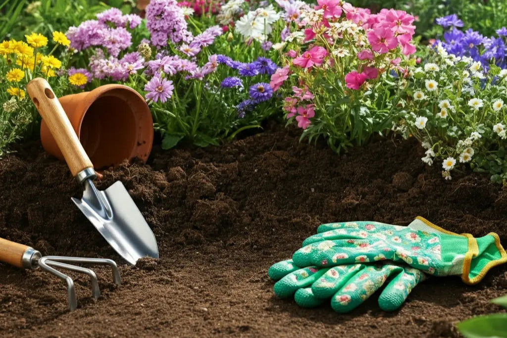 Gardening tools and gloves on soil with wildflowers in the background