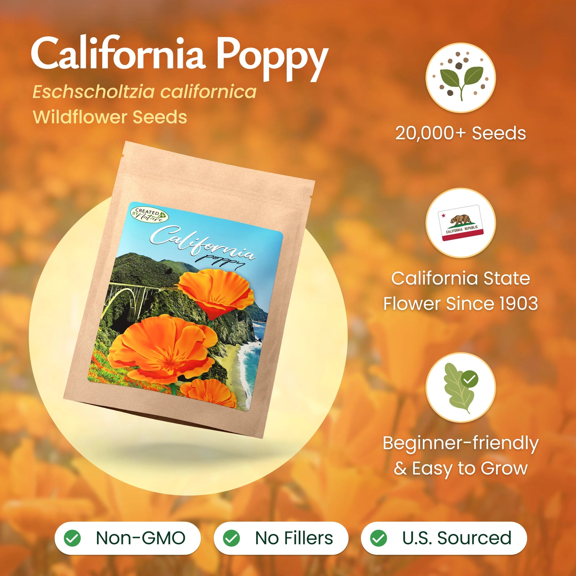 california wildflower seeds bulk Created By Nature California Poppy Flower Seeds, 20,000 Native Wildflower Seeds, California State Flower