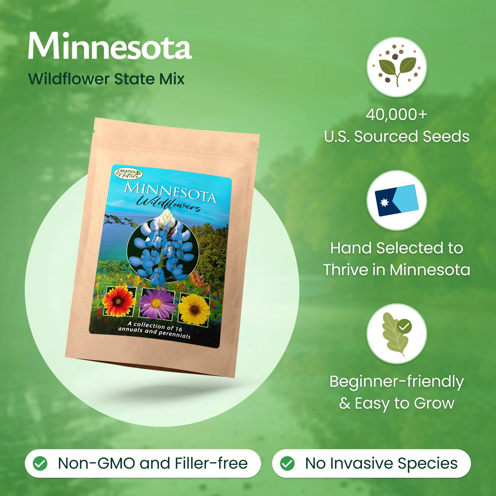 Created By Nature Minnesota Wildflower Seed Mix, 16 Flower Varieties, 40,000+ Seeds