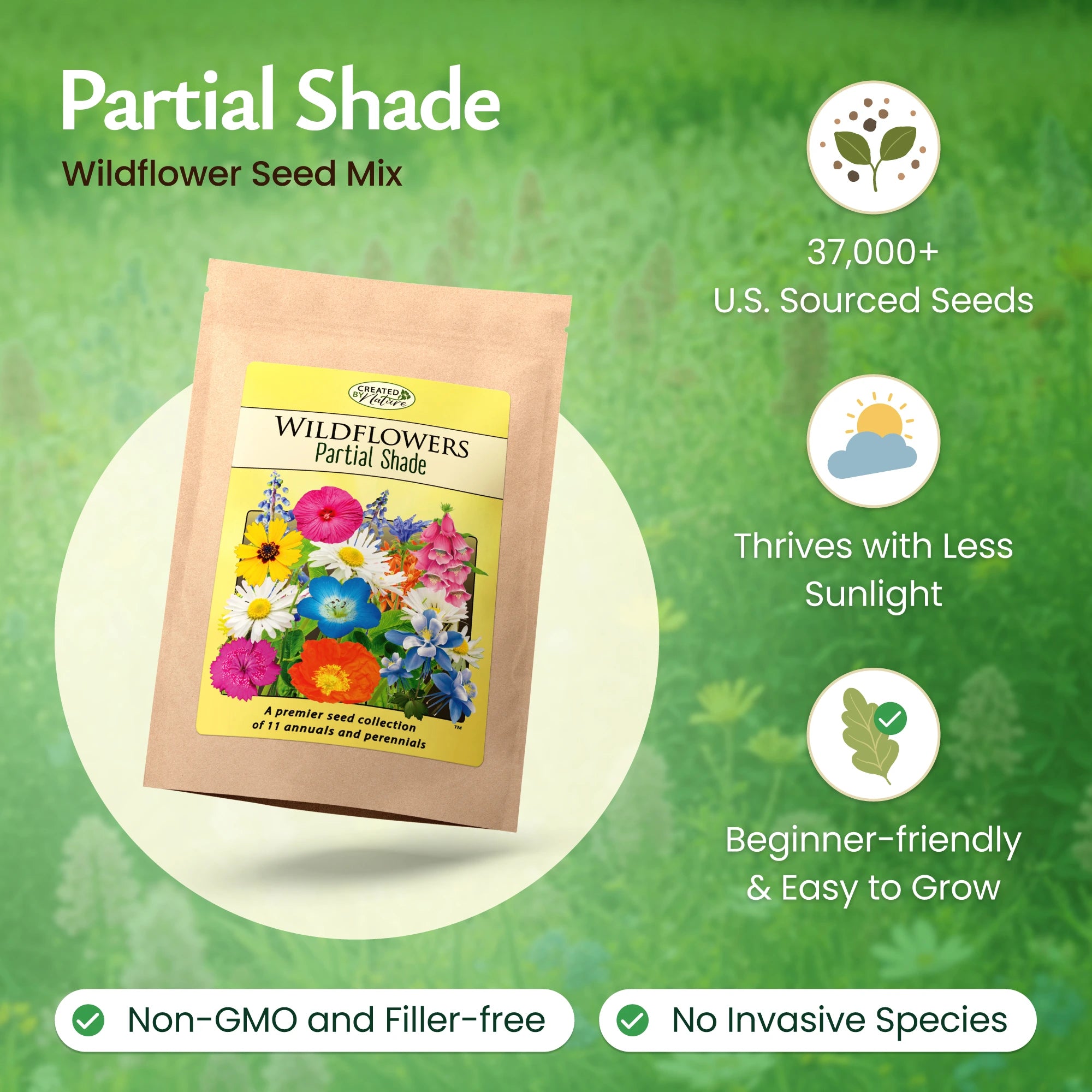 Created By Nature Partial Shade Wildflower Seed Mix, 11 Flower Varieties, 37,000 Seeds